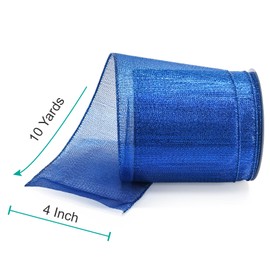 CT CRAFT LLC Blue Metallic Wired Ribbon 4 inch x 10 Yards for Christmas Home Decor Tree Topper Bow Gift Wrapping DIY Crafts Wreath Garland Wedding