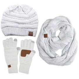 ScarvesMe 3pc Set Trendy Warm Chunky Soft Stretch Cable Knit Beanie, Scarves and Gloves Set