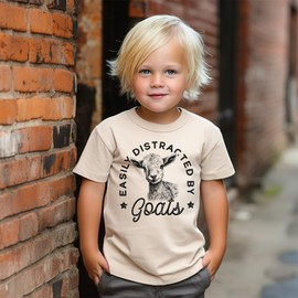 Easily Distracted By Goats Toddler Shirt - Goat Lover Farmer Top - Farm Hand Animal Tee - Natural Kids Shirts