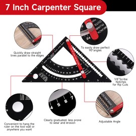 Dajianglx Carpenter Square 7 inch, Aluminum Adjustable Rafter Framing Square, Multifunction Woodworking Measuring Tools, Combination Square Angle Carpentry Triangle Ruler with 2 Pencils