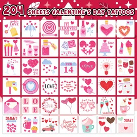 EMOME 204 PCS Valentine Glitter Tattoos for Kids, Individually Wrapped Kids Tattoos Temporary for Girls, Cute Temporary Tattoos for Valentine Accessories Party Decorations Favors Supplies