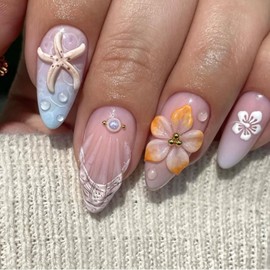 Summer Press on Nails Almond Medium Fake Nails 3D Sea Star Pearl Design False Nails Full Cover Camellia Flowers Acrylic Nails Spring Summer Glue Stick on Nails for Women Girls DIY Manicure 24Pcs