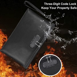 Fireproof Document Bag with Lock, 25*17cm Fireproof Waterproof Money Bag with Zipper Closure, Storage Pouch for A4 Letter Size Documents, Cash, Cell Phone, Tablet, Credit Card, Passport
