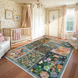 LIVEBOX Washable Living Room Rug 8x10, Soft Patchwork Tumble Rugs Washable for Bedroom,Non Slip Ultra Thin Dining Room Rugs for Under Table, Rug Botanical Floor Carpet for Home Office