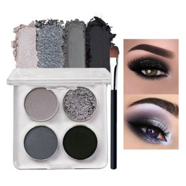 Black Gray Silver Smoky Eyeshadow Palettes Set, Goth Eye Shadow Shimmer Mate Palette, Cool Make-Up Palettes for Women Glitter Make up Set, Festival Eyeshadows 4 Colour Pigmented with Brush