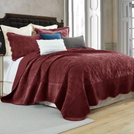 MarCielo Embroidered Velvet Quilt Set with 2 Pillow Shams,Soft Oversized Bedspread Coverlet Quilted Bedding for All Season(Rustic Burgundy,Queen(98" X 92"))