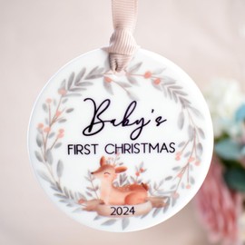 Baby's 1st Christmas 2024 Xmas Tree Decoration. Cute Deer Design. White Ceramic Disc Ornament. Christmas Bauble. Son Daughter Neutral