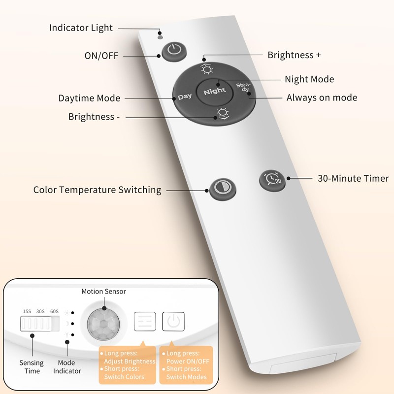 Meliya Rechargeable Motion Sensor Ceiling Light with Remote, 3000K 4000K