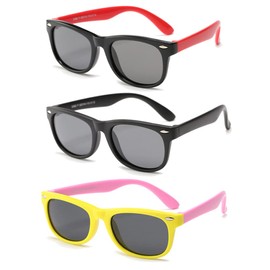 MAXJULI Polarized Kids Sunglasses for Girls and Boys with Fleaxible Frame Ages 3-10 3 Pack(Yellow/Pink+Matte Black+Black/Red)