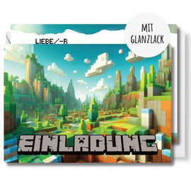 møij 12 x Invitation Cards + Matching Envelopes for Boys and Girls Children's Birthday – Cool Cards with Pixel Motif and Partial High Gloss Lacquer