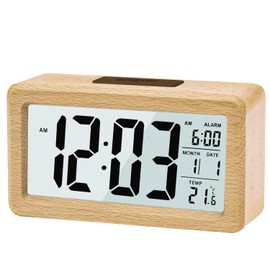 LEAZZLE Digital Alarm Clock, Wooden Alarm Clock with Sensor Modules, Table Clock with Large Display, Date, Temperature Display, Night Light, Digital Clock with Snooze Modules, for Bedroom, Bed, Home,