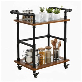 Industrial Pipe Bar Carts/Serving Carts/Kitchen Carts/Wine Rack Carts on Wheels with Shelves - Wood Rolling Carts - Wine Tea Liquor Shelves/Holder - Home Furniture (Two tiers pipe wood bar cart)