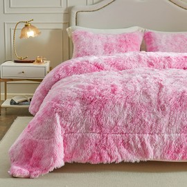 Wajade Faux Fur Plush Pink Comforter Set Fluffy Fuzzy Shaggy Bedding Set - 3PC Full/Queen Microfiber Soft Warm Quilt Set