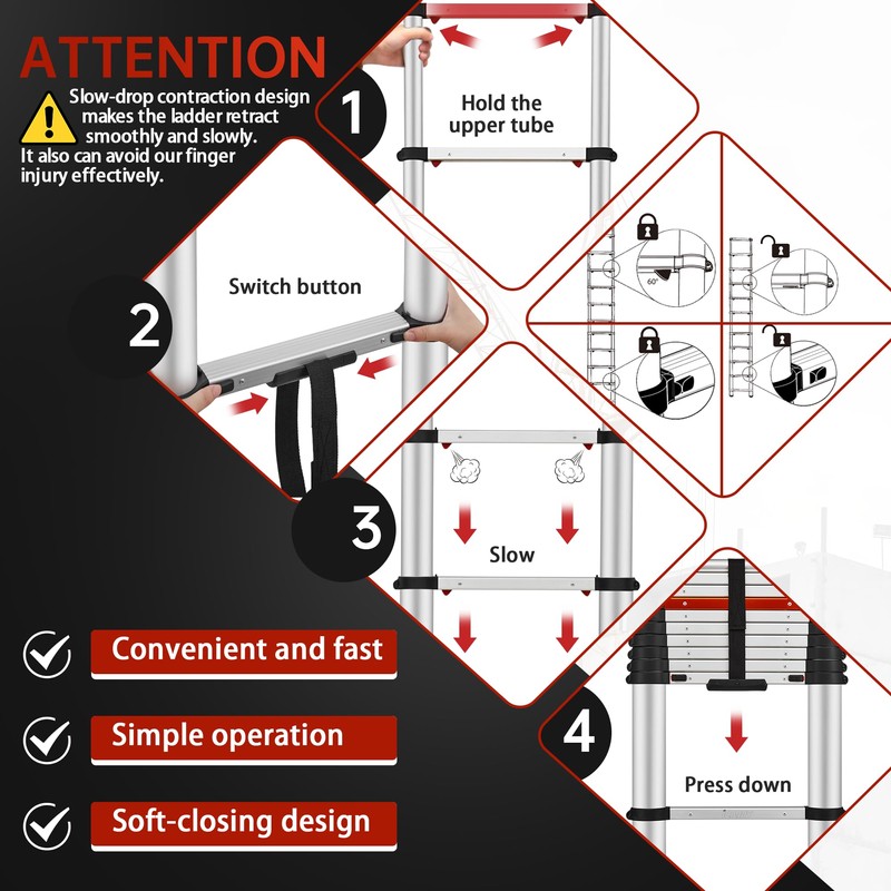 ICARRY Telescoping Ladder 10.8 FT Aluminum One-Button Retraction Collapsible Ladder,