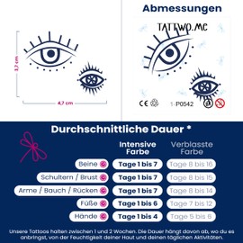 Tattwo.me - Temporäre Tattoos für Erwachsene und Kinder, 2 Wochen, wasserfest - zwei Augen (zum Ausschneiden) - Pflanzliche Tinte - EU-Kosmetik-Zertifikat - (5X5 - P0542)