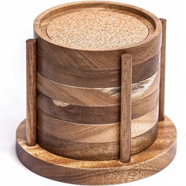 Wood Coasters for Drinks with Wooden Holder, Wooden Coaster with Cork for Tabletop Protection, Drink Coasters for Coffee Table (Coasters with Wooden Holder)