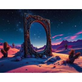 Ornate Mirror Frame Stands in a Surreal Night Desert Landscape Print 18 x 24