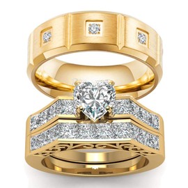 WRS WEDDING RING SET TWO RINGS His Hers Couples Rings Women's 10k Yellow Gold Filled White CZ Wedding Engagement Ring Bridal Sets & Men's Tungsten Carbide White Cz Wedding Band, women's size 6 & men's
