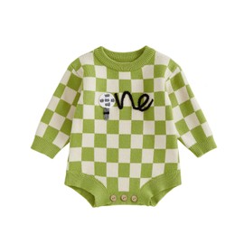 Bonangber Baby Boy First Birthday Outfit Long Sleeve Golf Letter Knit Sweater Romper Onesie Cute One Year Old Birthday Outfit (Green, 6-12 Months)