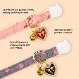 2 Pack Cotton Breakaway Cat Collar Pink and Gray Heart Shaped Pendant Cute Kitten Cat Collar with Bell