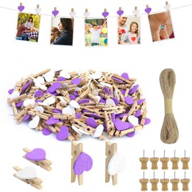 CARANNACLTD Mini Photo Clips, 120 Pieces Heart Clips, White/Purple Photo Clips with 20 Meters Jute String for DIY Decorations