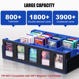 Trading Card Storage Box with Commander Display , 5-Row Deck Case with Removable Lid; 3900+ Card Deck Box for MTG TCG Sports Card, 5 Toploaders, 5 Stoppers, 48 Dividers,1 Dice Tray (Black Blue)