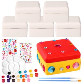 Teenyyou 14 Pcs Paint Your Own Ceramic Jewelry Boxes Craft Set Include 6 Unpainted Jewelry Storage Organizer 2 Strips of Paints with 2 Brushes 1 Palette 3 Diamond Stickers(Unfinished Square)