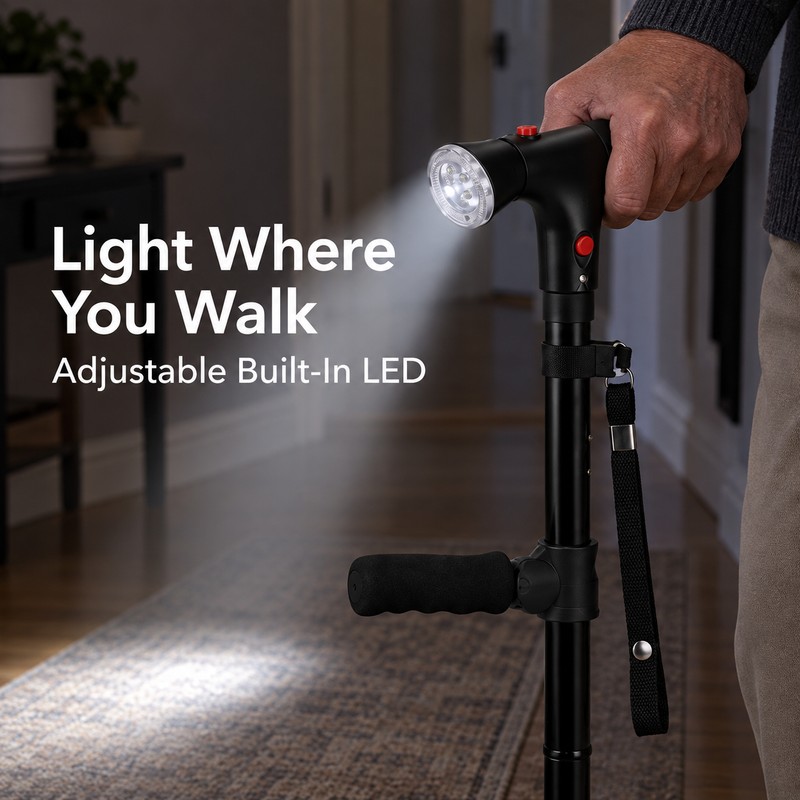 Folding Walking Cane with LED Light & Alarm – Adjustable