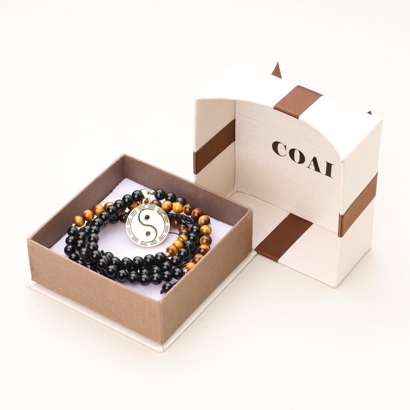 COAI 108 Mala Necklaces Ying Yang Pendant, Obsidian Tiger's Eye
