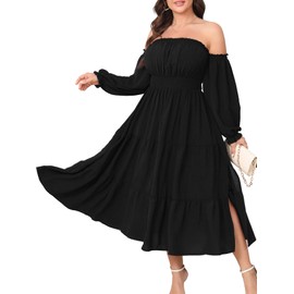 Women's Plus Size Maxi Dress Boho Off Shoulder Long Sleeve Smocked High Waist Side Split Flowy A Line Tiered Summer Dress Black