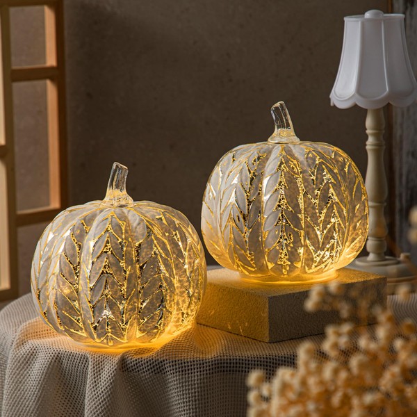 Glooglitter 2 Pcs Glass Light up Pumpkin Decor with Timer