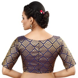 Madhu Fashion - Blusa de sari con costuras confeccionadas con brocado banarsi para mujer, Azul marino, 44