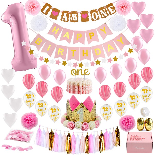 1st Birthday Girl Decorations WITH Birthday Crown- Baby First Birthday Decorations Girl - Pink and Gold Party Supplies - One Balloon, Heart and Confetti Balloons, Happy Birthday Banner ONE Cake Topper