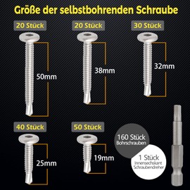 HeYork Self-Tapping Screws, 160 Pieces, Stainless Steel Flat Head, 410 Allen Screws M5.5 x 50 mm / 38 mm / 32 mm / 25 mm / 19 mm Facade Screws Self Drilling Screws Set