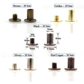 100 Sets Chicago Screws Assorted Kit 5 Color Leather Rivets 5/16”(5x8mm) Screw Rivets Flat Fillister Book Binding Posts Nail Rivet Chicago Bolts for DIY Leather Craft Black Silver Golden Bronze