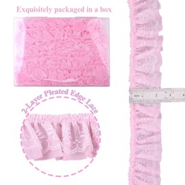 GXTIZAS Lace Ruffle Ribbon Double-Layer Pleated Chiffon 6cm Wide Lace Elastic Trim Wrinkle-Free Boxed for DIY Sewing, Clothing, Pillowcase Decoration(5yards Pink)
