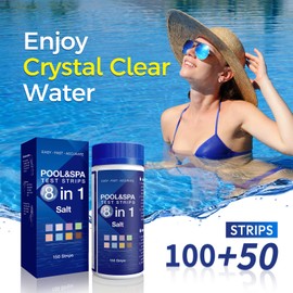 8 in 1 Pool Test Strips, 150 Strips Professional Water Test Kits for Hot tub & Spa, Accurate Test Bromine, Total Alkalinity, PH, Free Chlorine, Total Hardness, Total Chlorine, Cyanuric Acid and Salt