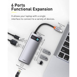 Baseus Metal Gleam 6 in 1 Multi-Function PC Phone Hub Adapter, Grey, Ports Quantity: 6, Input: USB Type C, Output: USB Type A 3.0 X 3, USB Type C (PD), Travel Size