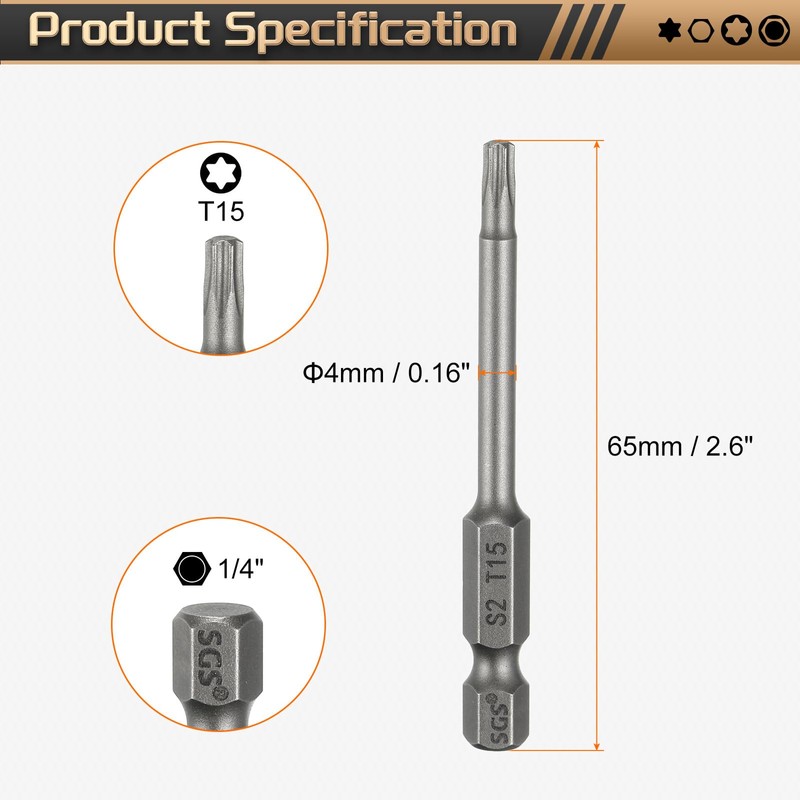 sourcing map 3pcs T15 Torx Head Screwdriver Bit 1/4" Hex