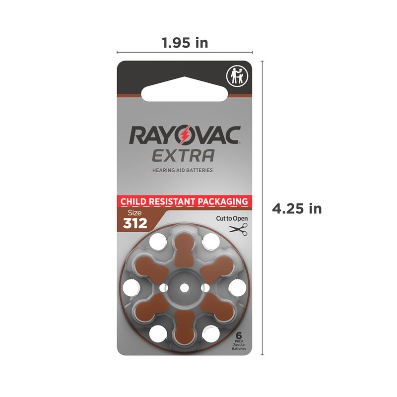 Rayovac Extra hearing aid batteries size 312. Long-lasting mercury-free zinc-air
