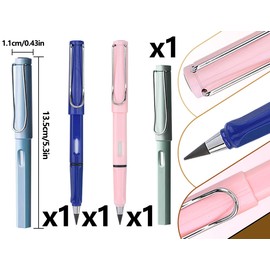 Emezddo Pack of 4 Eternal Pencil, Inkless Metal Durable Pencil, Clear and Fluid Writing Infinite Pencil, Erasable Pens with Eraser, for Adults, Students, Artists