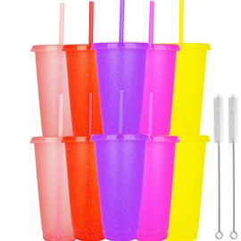 Reusable Plastic Cups, 24 Oz, Pack of 10, Cold Cups with Lid and Straw, Travel Cups for Adults and Kids, Party and Beach, Pool Gatherings (10, Schillernd)