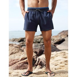 unitop Mens Bathing Suit No Mesh Lining 5 Inch Inseam Cool Summer Hawaiian Surf Shorts Navy Blue 34
