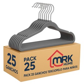 MRK HOME - Set de 25 Ganchos de Terciopelo Color Gris para Niños, Perchas Metalicos de Alta Calidad con Rotacion 360°, Antideslizantes y Resistentes (25 Ganchos para Niños)