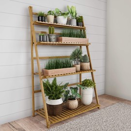 Pure Garden 50-LG5005 Ladder Plant Stand-4 Tier Freestanding Bamboo Storage Shelf, Wooden