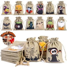 QianMu 60 PCS Bolsas de Arpillera con Cordón para Halloween, Bolsas Multifuncionales Ligeras para Niños y Adultos Regalos, Golosinas, Trucos o Fiesta,