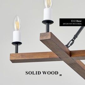 L45'' Rustic Farmhouse Square Wood Chandelier 6-Light Unique Rectangular Candle Chandelier Long Ceiling Pendant Chandelier for Living Dining Room Foyer Kitchen Bedroom High Ceiling,E12