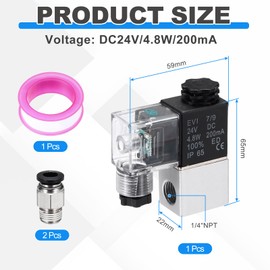sourcing map Pneumatic Solenoid Valve, 1/4 Inch NPT 24V 2 Way Aluminum Electric Air Valve with Connector and Tape