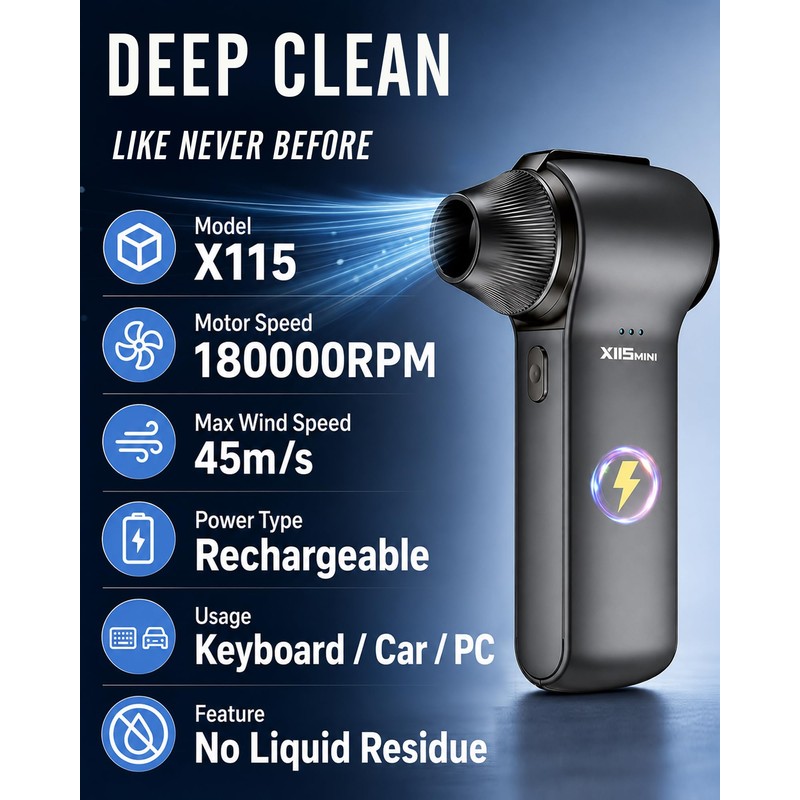 Compressed Air Duster 180000RPM – Super Power Cordless Electric Air