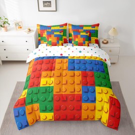 Erosebridal 3D Building Blocks 7 Pieces Twin Comforter Set,Construction Bed in a Bag,Rainbow Bricks Bed Set Includes Comforter, Sheet Set, Pillowcases & Pillow Covers All Season Bedroom Decor